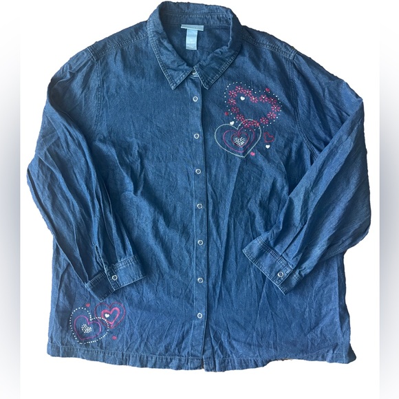 Liz & Me Tops - Valentines Hearts embellished Denim Button Down Shirt – Blue – 2X